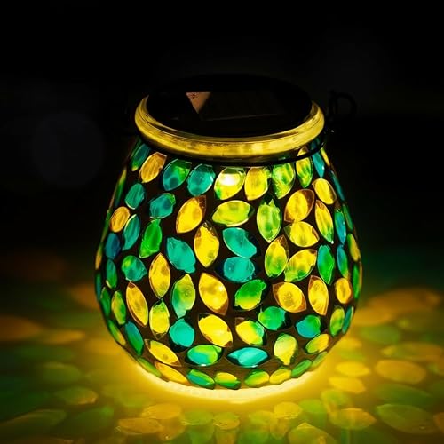 Starsoul Solar Lanterns Outdoor Waterproof, Unique Green Mosaic Glass Solar Gard