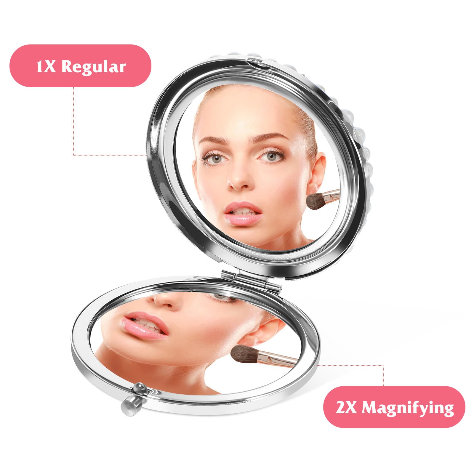 FOMIYES Taschenspiegel Mit Perlen – Klappbarer Make-up-Spiegel Mit 1x/2x Vergrößerung