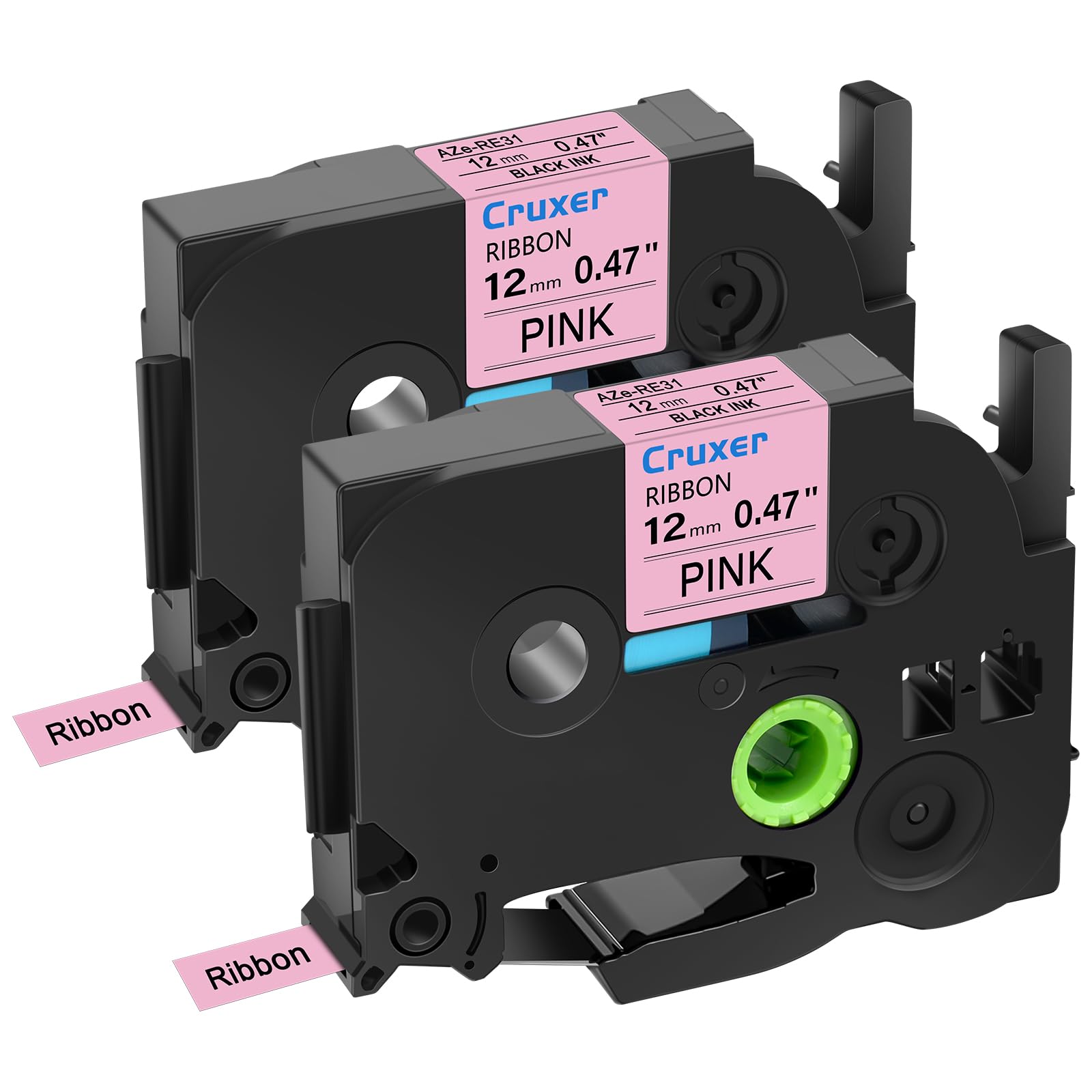 2 Pack Cruxer Compatible for P-Touch Embellish Black Print on Pink Satin Ribbon TZE RE31 12mm 1/2" (0.47 Inch) Label Tape Replacement for P-Touch