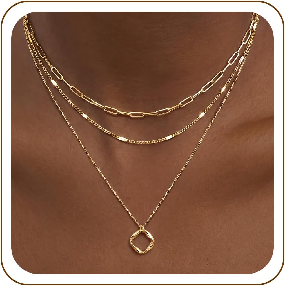 Poxtex Layered Gold Necklaces for Women, Stackable Dainty 14K Gold Silver Plated Trendy Simple Heart Diamond Cross Bow Circle Pendant Paperclip Choker Dot Chain Necklace,Jewelry Set Gifts for Women