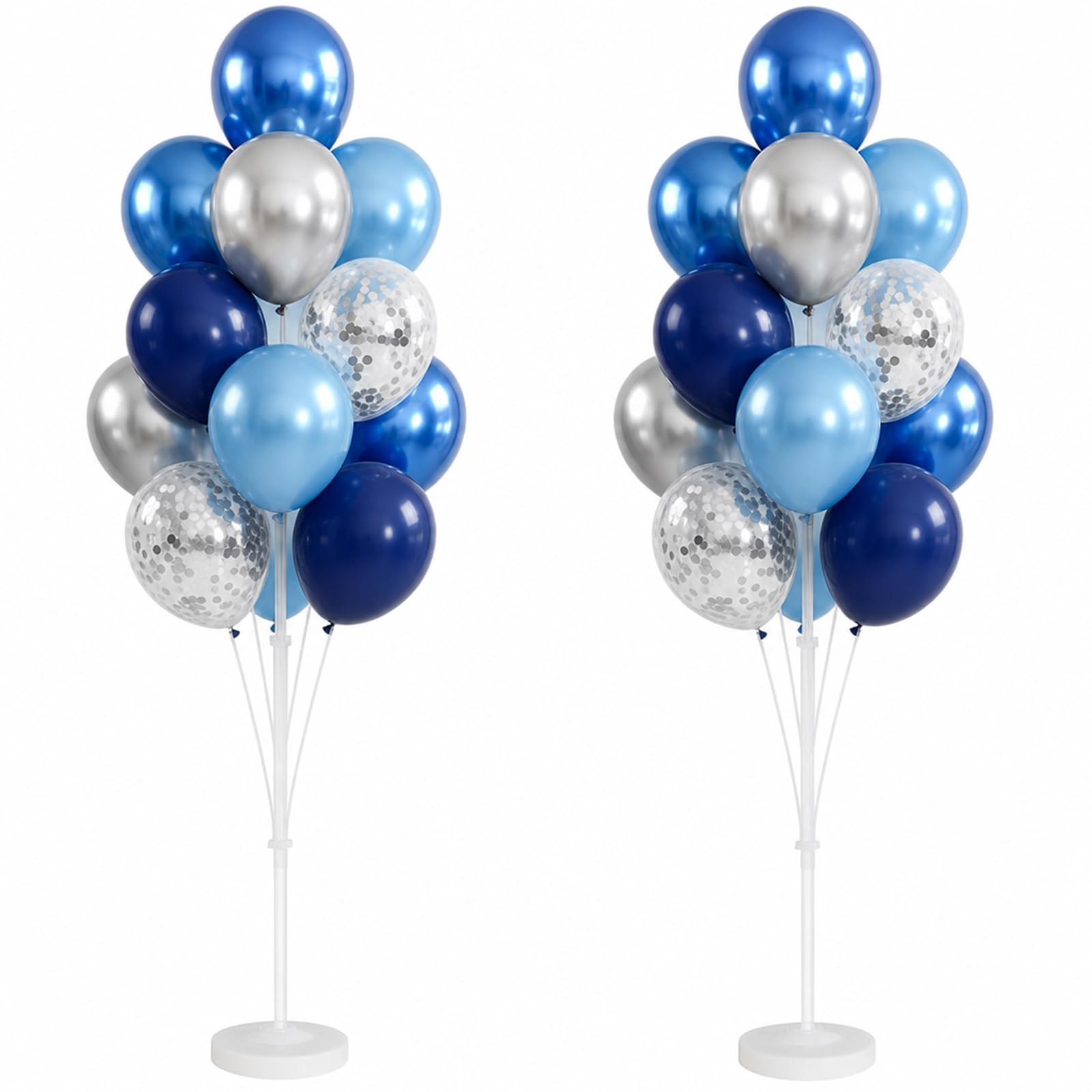 Juego de 2 soportes para globos, soporte de columna para globos con confeti dorado azul marino metálico plateado y azul mezclado para cumpleaños, boda, baby shower, graduación, decoración de fiesta de