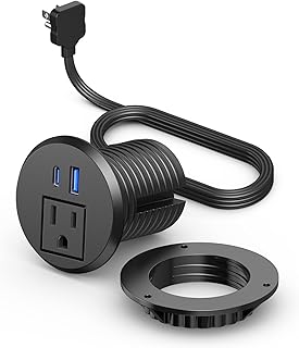 2 inch Desktop Power Grommet with PD 20W USB C,Ultra Thin Flat Plug Power Strip,Recessed Outlet,Slim Outlet Extender for Office,Table Outlets for Home, Office,6 ft Cable(Black)