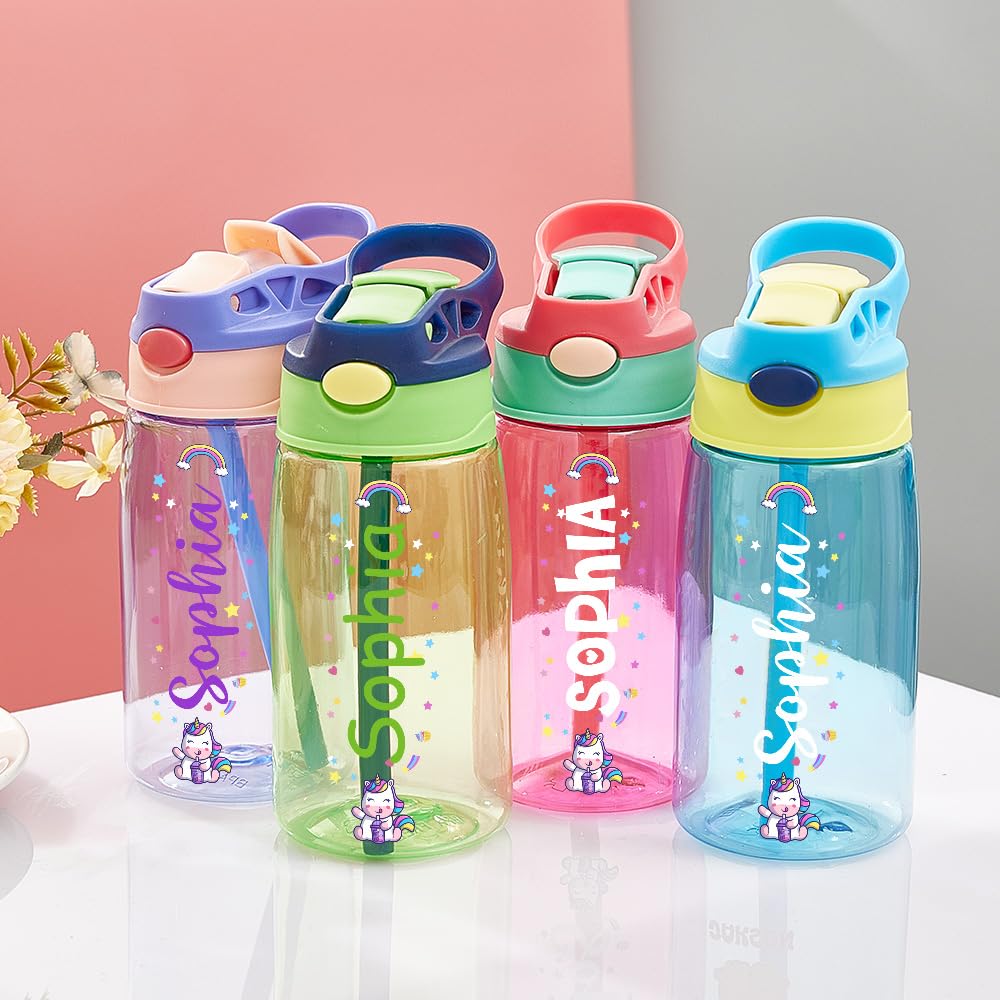 VEELU Personalised Kids Water Bottle with Straw and Lid, Back to School Supplies Custom Name Bottle For Kids Boys Girls Teen Gifts, 500ml Leak Proof BPA Free — image 1