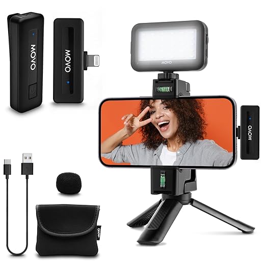 Movo VSK3 Wireless Vlogging Kit for iPhone: Complete YouTube Starter Kit with Wireless Microphone, LED Light, Hand Grip & Mini Tripod - iPhone Vlogging Kit for Content Creators