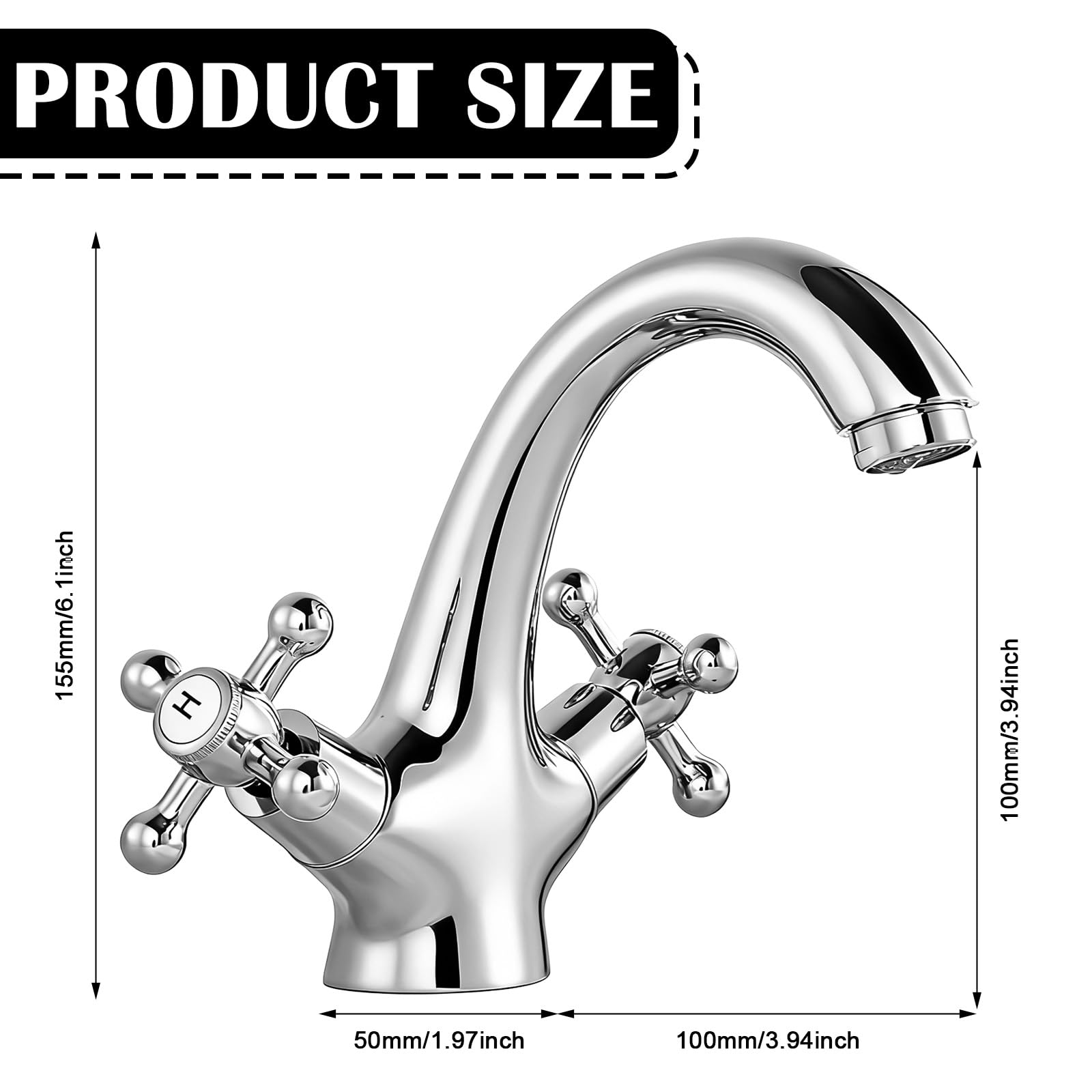 Grifo de baño, grifo mezclador de lavabo, grifo retro con dos asas, grifo de lavabo retro de 2 manijas, lavabo con caño altura 100 mm, 2 mangueras de 60 cm