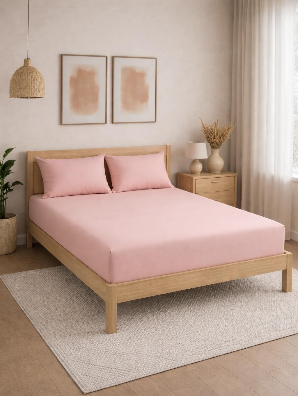 THE HOME STYLE Solid Plain Cotton Feel Fitted Bedsheet King Size (72x78 inches) | 2 Pillow Covers | 300 TC | Elastic Fit | Fits Upto 8 Inch Mattress (Peach)