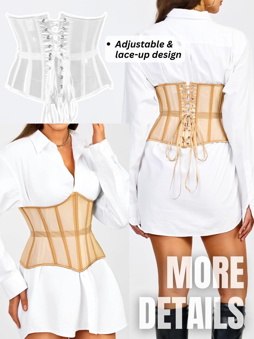Underbust Corset Belt for Women, Mesh Lace-Up Boned Waist Cincher, Shapewear for Weddings & Going Out - Image 3