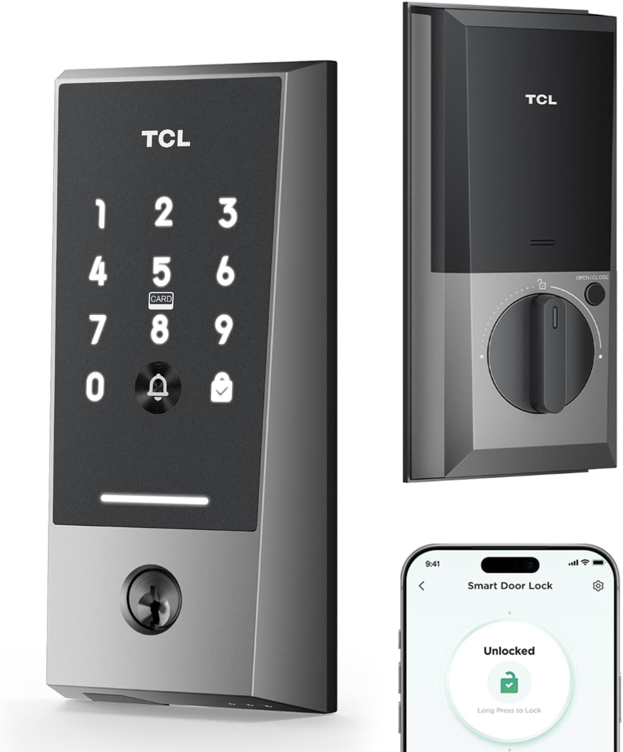 TCL Wi-Fi Smart Lock D2, Keyless Entry WiFi Door Lock with Key Fob, Built-in Doorbell, Touchscreen Keypad, App Remote Control, Easy Installation, No Bridge Required, Auto Lock (Dark Grey)