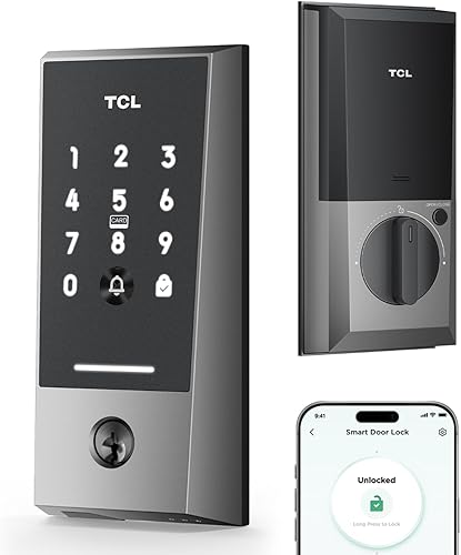 TCL Wi-Fi Smart Lock D2 - Cerradura de puerta de entrada sin llave, timbre integrado, teclado de pantalla táctil, control remoto de aplicaciones,
