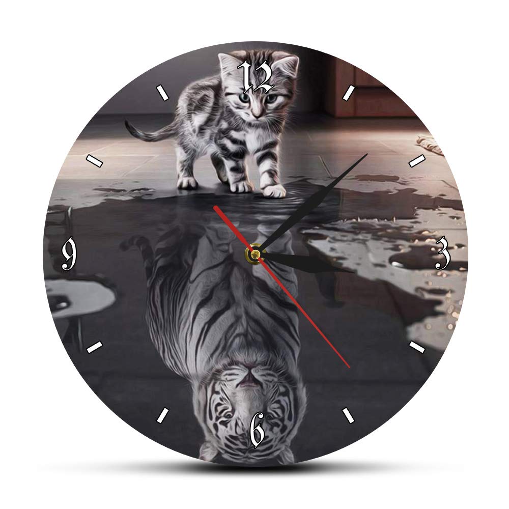 The Geeky Days Tabby Kitten Reflection White Tiger Motivational Wall Art Home Decor Clock Reflection of Soul Cat Reflection Tiger Wall Watch