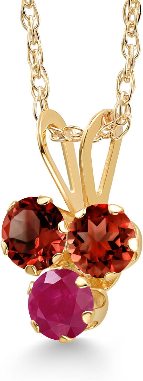 Gem Stone King 14K Yellow Gold Red Garnet and Red Ruby 3-Stone Pendant Necklace For Women (0.46 Cttw, Gemstone January Birthstone, Round 3MM, 18 Inch Chain) - Image 2