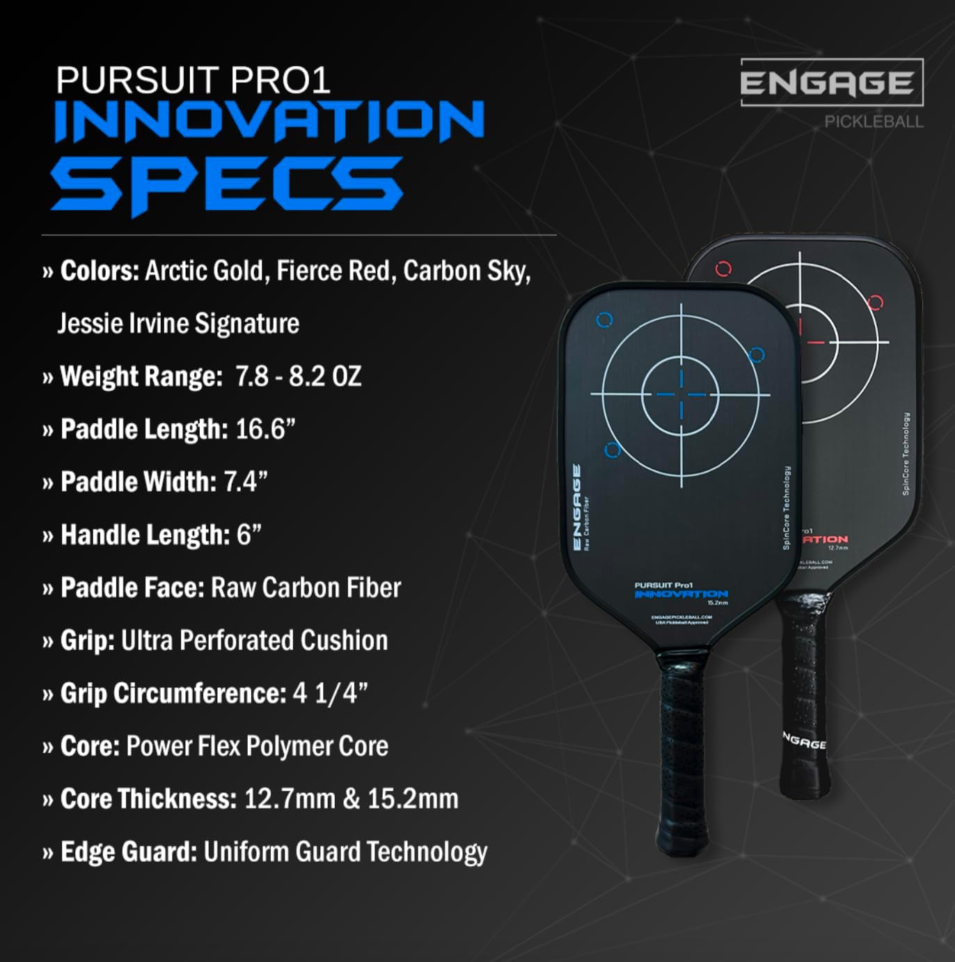 Engage Pursuit Pro1 Pickleball Paddle | Raw Carbon Fiber | Extreme Power, Spin & Dwell Time | Designed for Aggressive Power Players