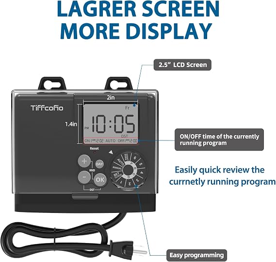 TiFFCOFiO New Digital Outdoor Timer Waterproof, Dial Programmable Method, Outdoor Pool Pump Timer with 2FT Extension Cord, 2 Grounded Electrical Outlets for Lights, 6 Sets of Programs, 20A/2500W