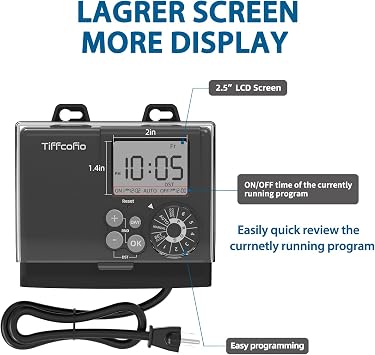 TiFFCOFiO New Digital Outdoor Timer Waterproof, Dial Programmable Method, Outdoor Pool Pump Timer with 2FT Extension Cord, 2 Grounded Electrical Outlets for Lights, 6 Sets of Programs, 20A/2500W