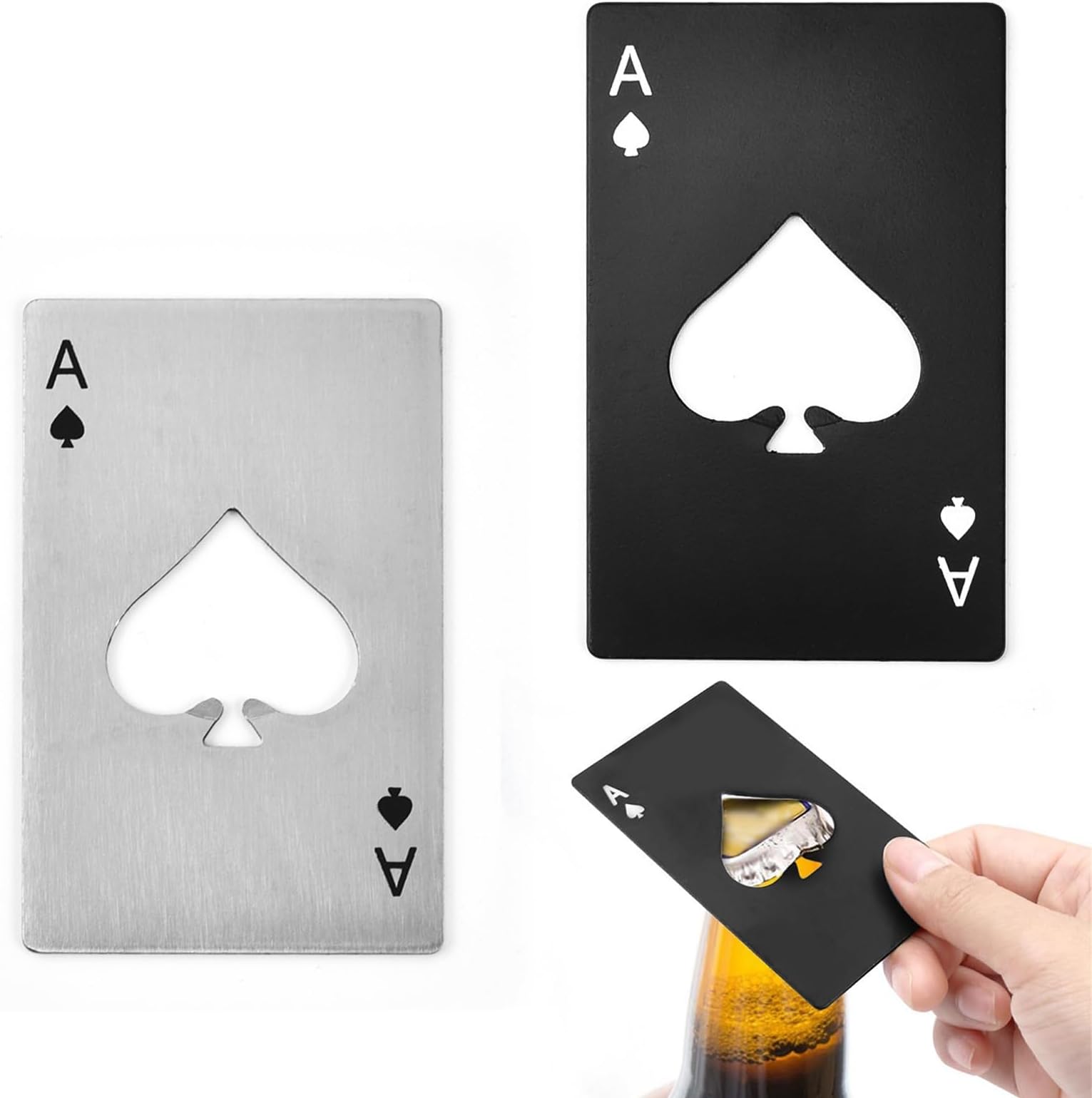 Ace of Spades Bottle Opener, 2PCS Stainless Steel Credit Card Size Flat Beer Bottle Opener, Beer Bottle Opener for Kitchen Bar or Restaurant, Fit Your Purse and Pocket Black and Silver
