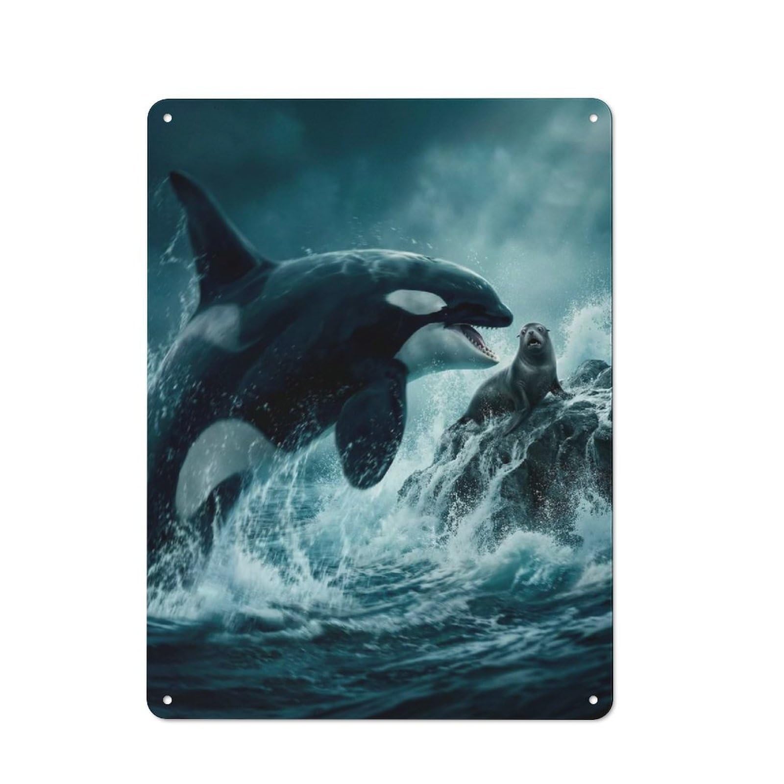 Metal Plaque with Orca And Seal in Ocean Design 40x30cm, Country Style Cafe Wall Decor for Bakery, Diner, Cafe Or Family Room