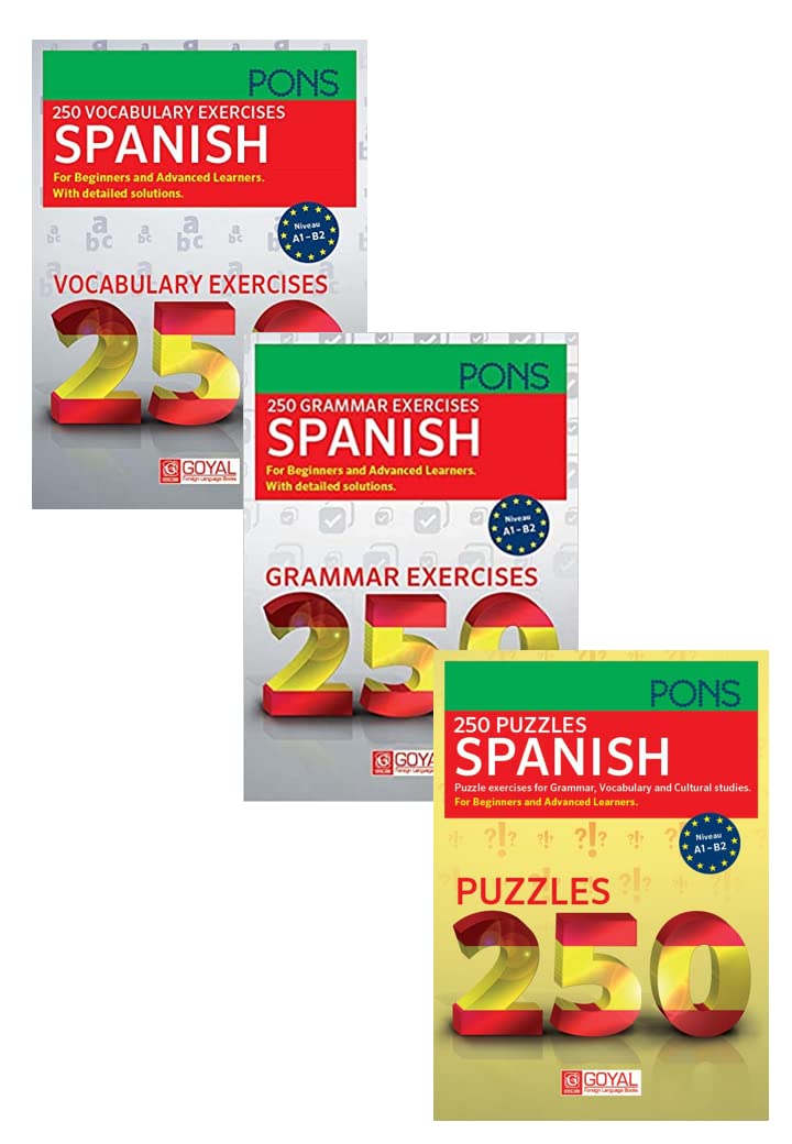 Set of 3 Books - 250 Vocabulary + Grammar + Puzzles Exercises Spanish