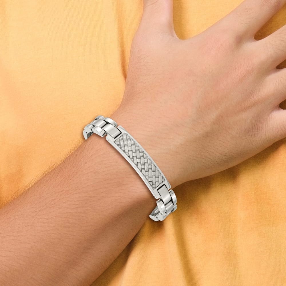 Real Stainless Steel Men's Brushed and Weaved Pattern ID Bracelet Engravable Identification Name Bar Tag 8.5"