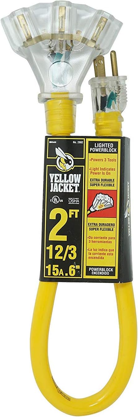 Yellow Jacket 2882 12/3 Heavy-Duty Durable SJTW Premium Contractor-Grade Inside/Outside 3 Outlet Extension Cord - - 