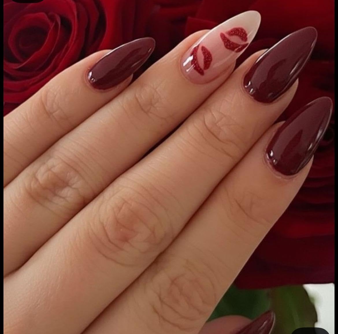 Fake Nails – Pack of12 Handmade Almond Shape Artificial Nails for Girls | Pre-Designed Reusable Press-On Nail Tips | Decorative Colored Nails (Wine Kiss)