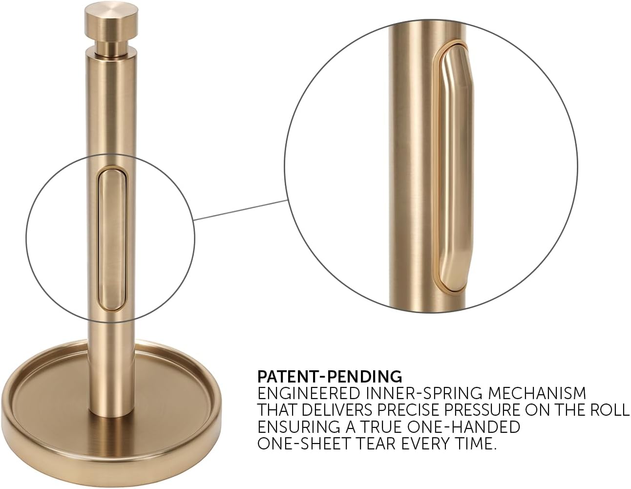 Ivilon Countertop Paper Towel Holder - Weighted Heavy Duty Steel Stand with Non-Slip Base for a Steady One-Handed One Sheet Tear - Fits All Rolls - Warm Gold