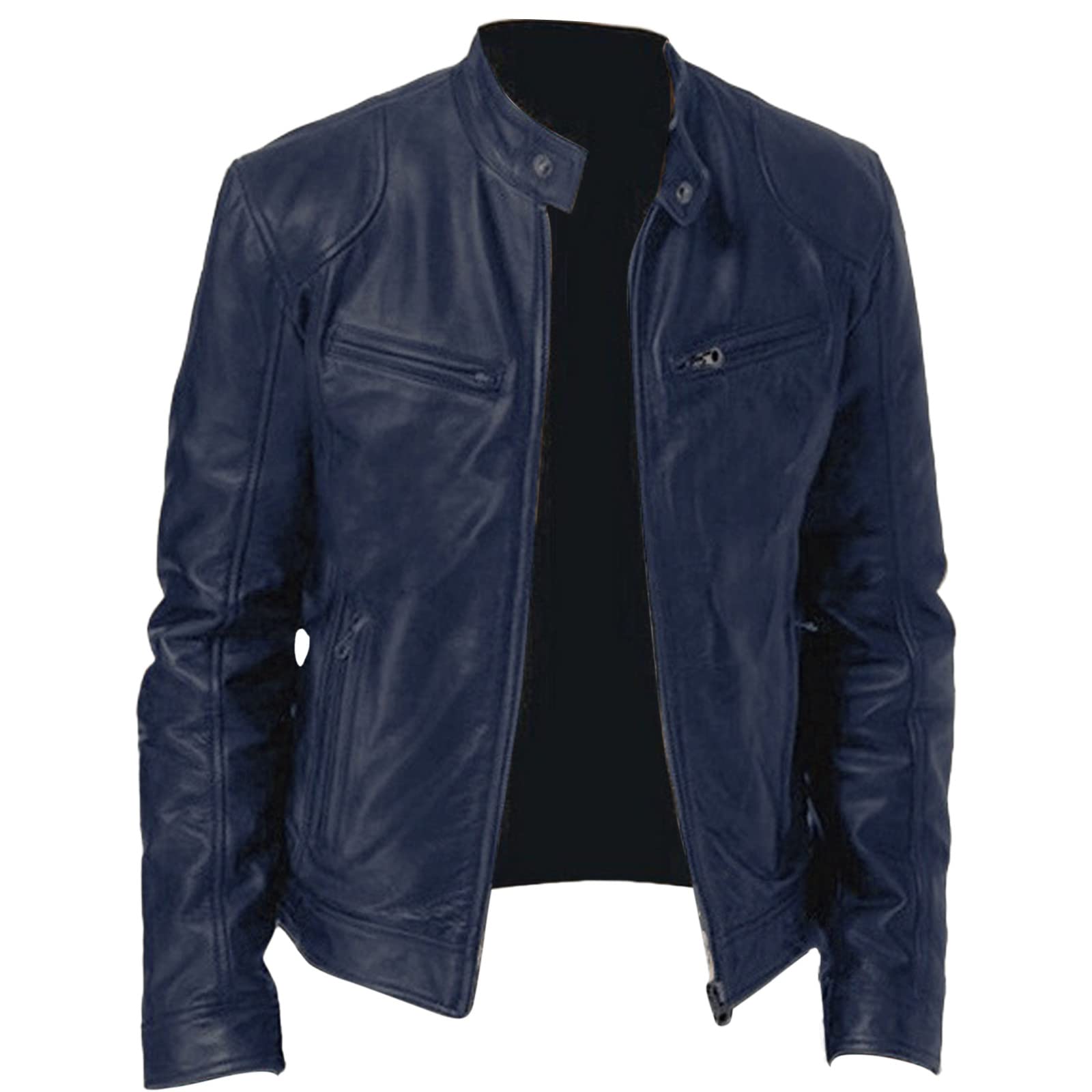 Generisch Lederjacke Herren Übergangsjacke Leder Jacken Vintage Motorradjacke Reißverschluss Jacket Slim Fit Lederjacken Kunstlederjacke Leichte Zeitlos Mit Stehkragen Robust