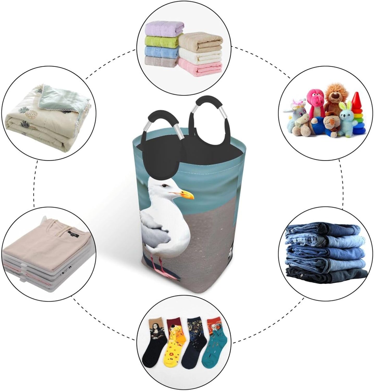 Cute seagull Foldable storage bag, 50L capacity, suitable for laundry room, dormitory bedroom, dirty clothes storage basket.