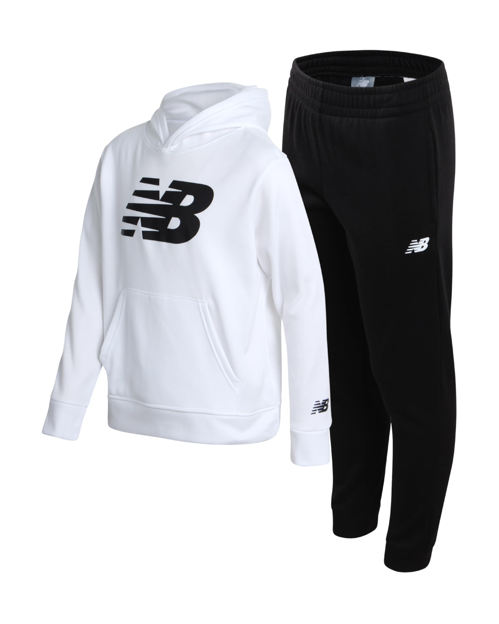 New Balance Boys Sweatsuit Set - 2 Piece Fleece Pullover Hoodie Sweatshirt and Boys Sweatpants Joggers Kids Activewear (8-20), Size 8, Bright White Black