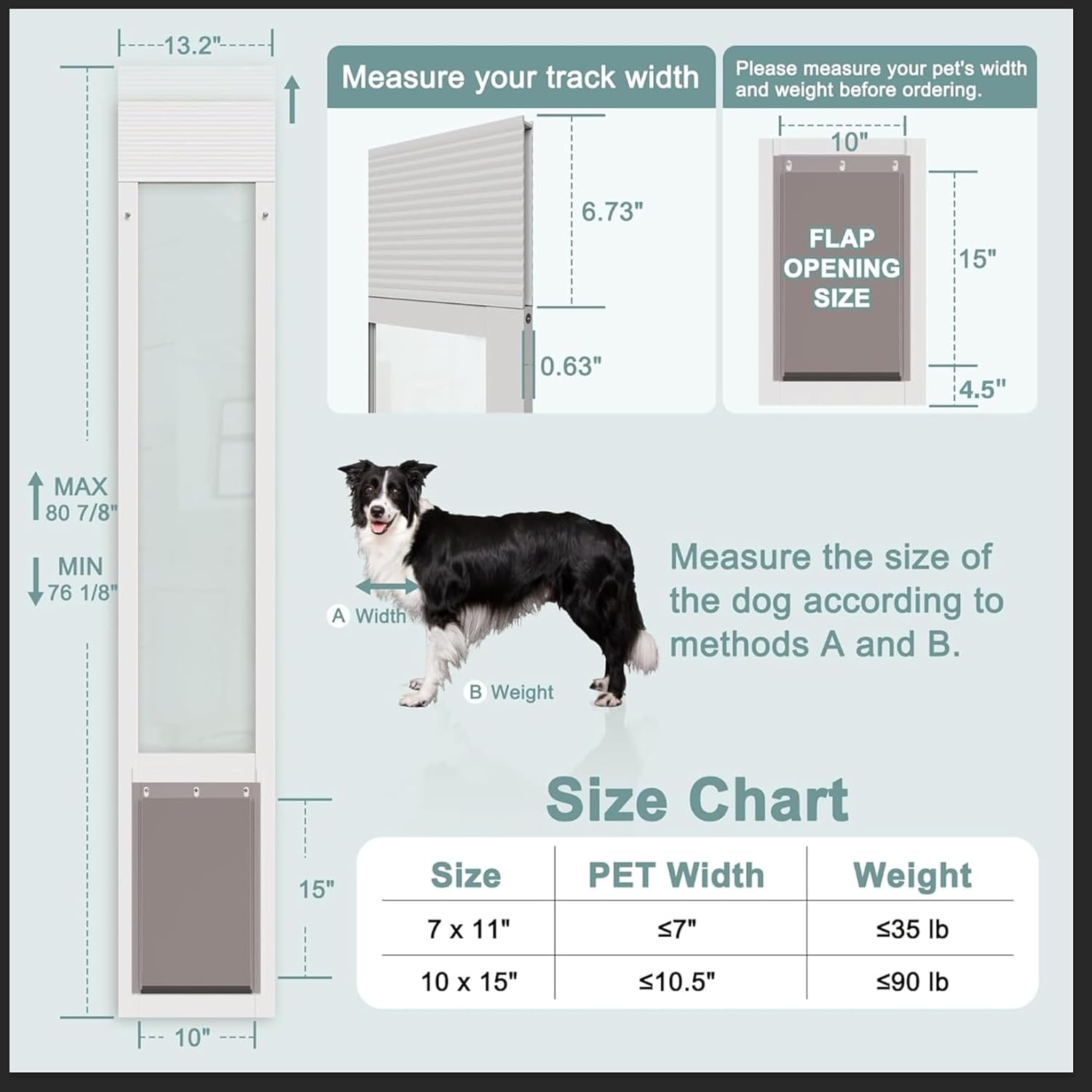Dog Door for Sliding Glass Doors, Adjustable Height 76 1/8"-80 7/8" Aluminum Frame Tempered Sliding Door Dog Doors Insert with Lock, 10" x 15" Flap Size for Large Dogs