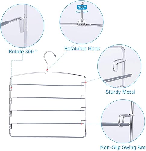 Miniatura 11 de FeeraHozer Perchas antideslizantes para pantalones, paquete de 6 perchas que ahorran espacio de varias capas con brazo oscilante para pantalones