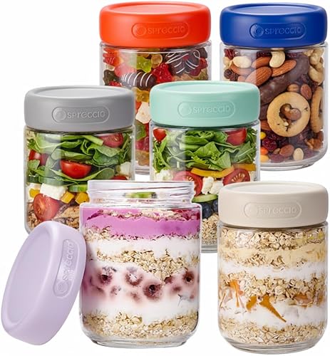 Paquete de 6 tarros de vidrio de 16 onzas con tapas herméticas, recipientes de avena con tapa, contenedor de almacenamiento de alimentos para yogur,