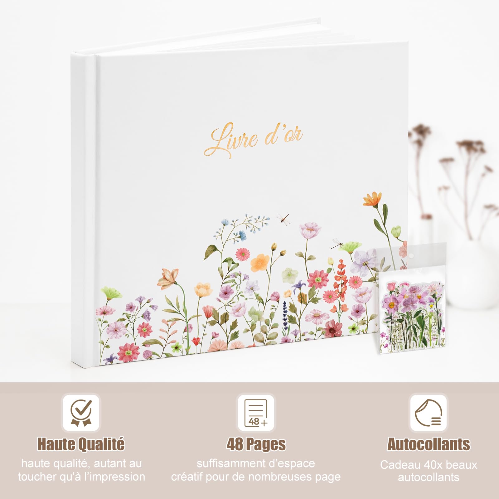 Livre d'or Mariage 40 Autocollants 46 Pages Doubles Papier épais 21x23cm Couverture Rigide Blanc