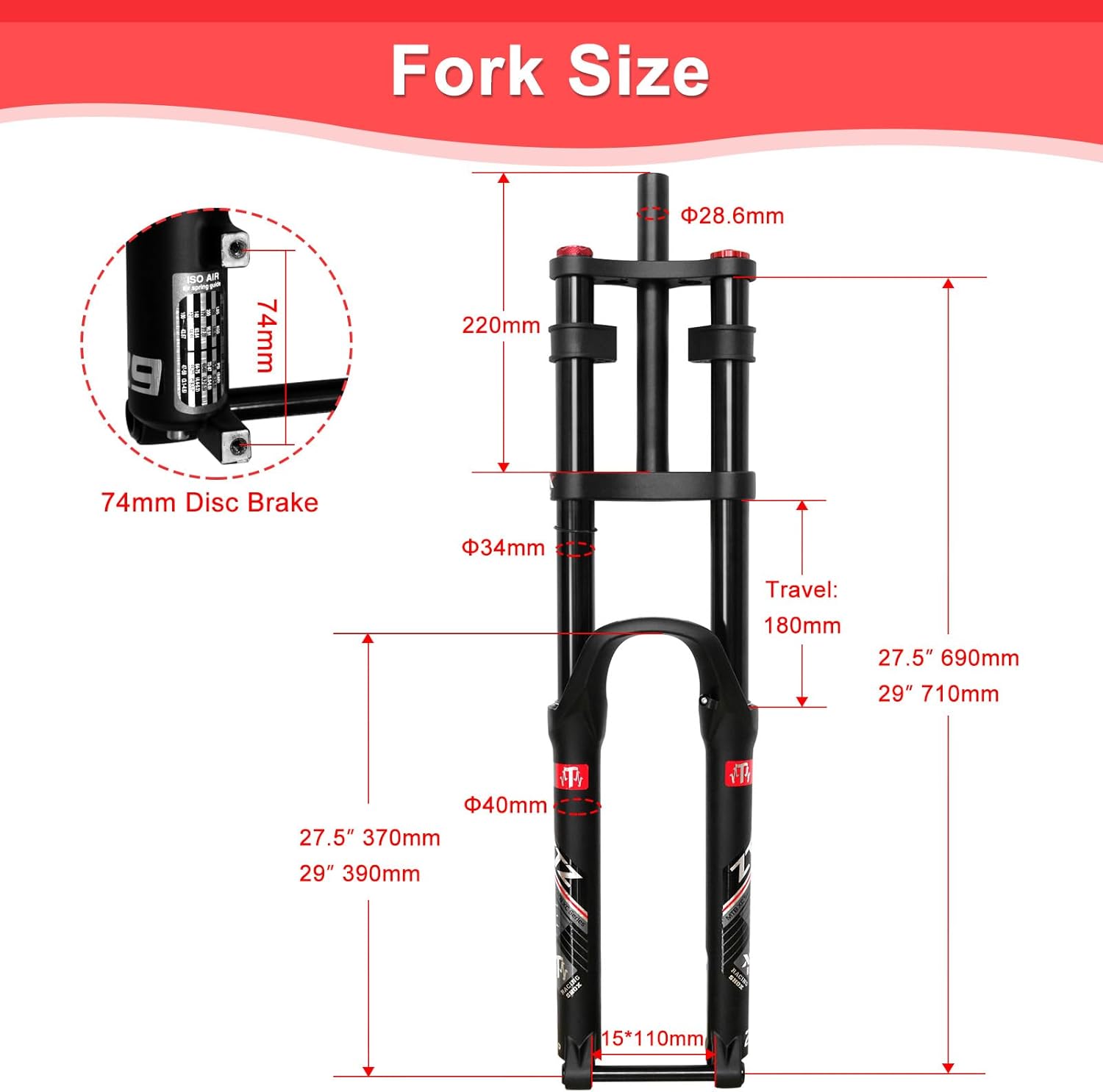 ZTZ 27.5"/29" Thru Axle Boost Mountain Bike Air Suspension Fork，1-1/8 Straight Steerer，15x110mm Thru Axle，Rebound Adjustment,180mm Travel，Downhill Fork for Mountain Bike AM FR DH ect.
