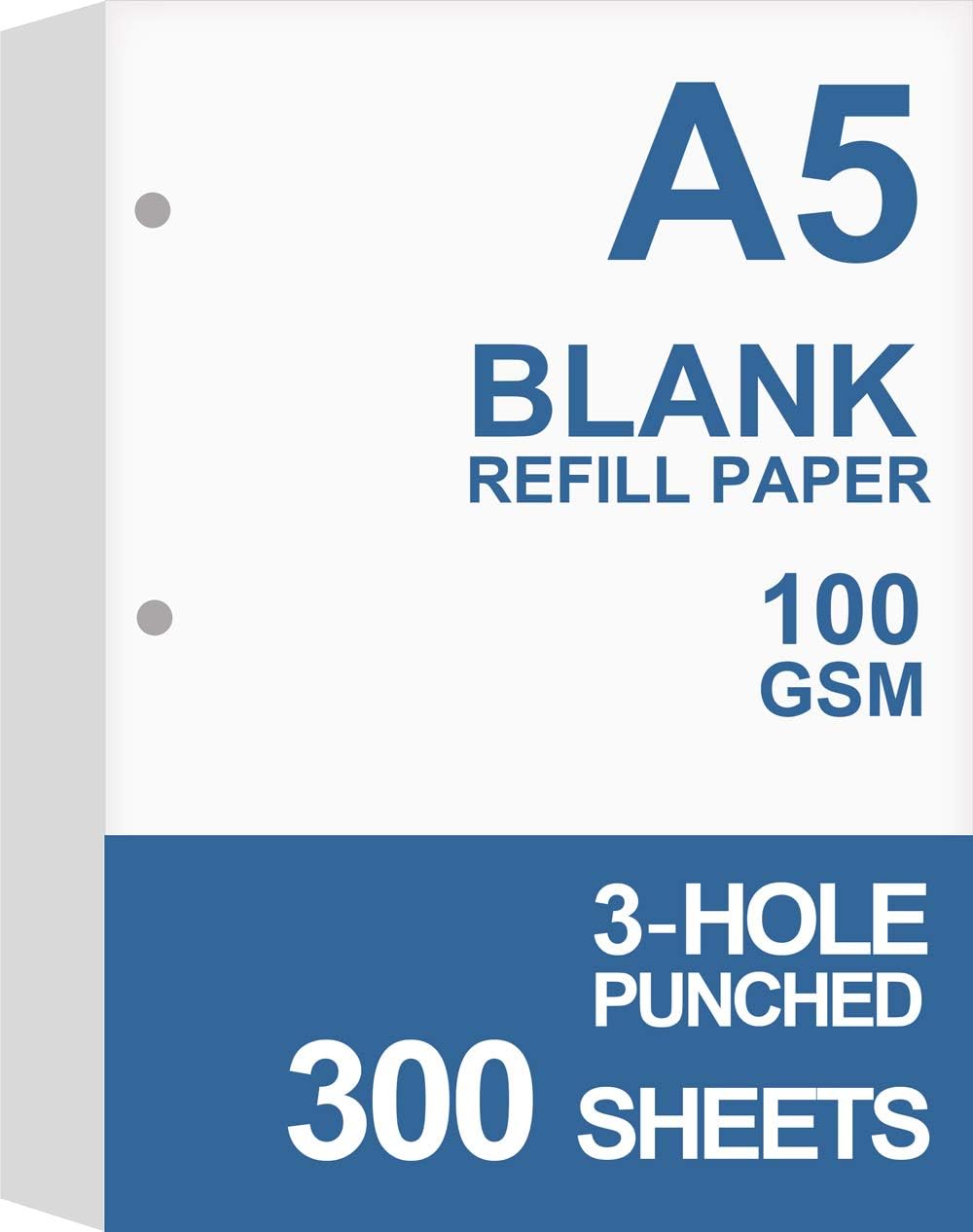 (3-Pack) A5 Filler Paper, 3 Hole Planner Refills, Organizer, Loose-leaf Binder Paper, Total 300 Sheets/600 Pages, 100gsm, Blank, White Paper, 5.8 x 8.2 Inch
