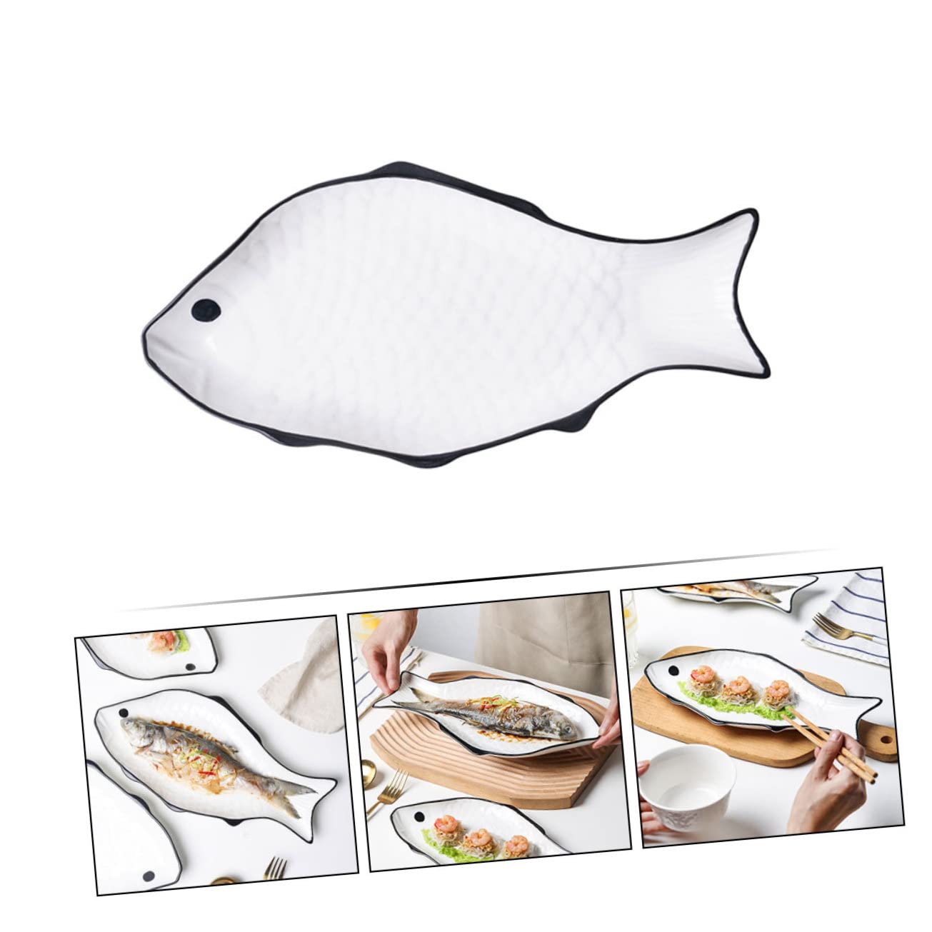 COLLBATH Plato de Cerámica para Pescado al Vapor, Blanco, Forma de Pez | Apto para Microondas, Superficie Lisa, Fácil de Guardar, Uso en Hotel y Hogar