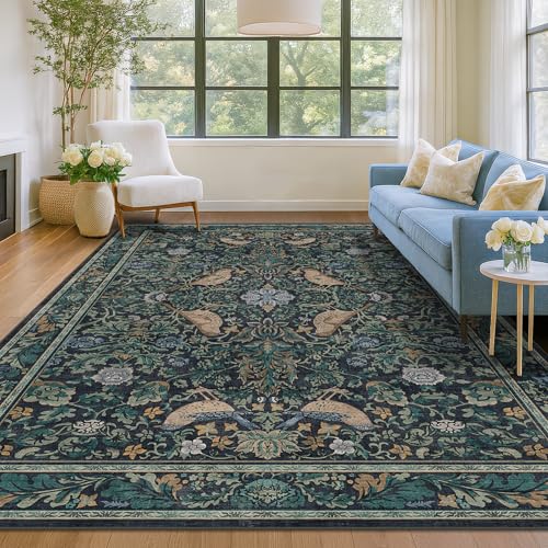 Dark Blue and Green Washable 8x10 Area Rugs for Living