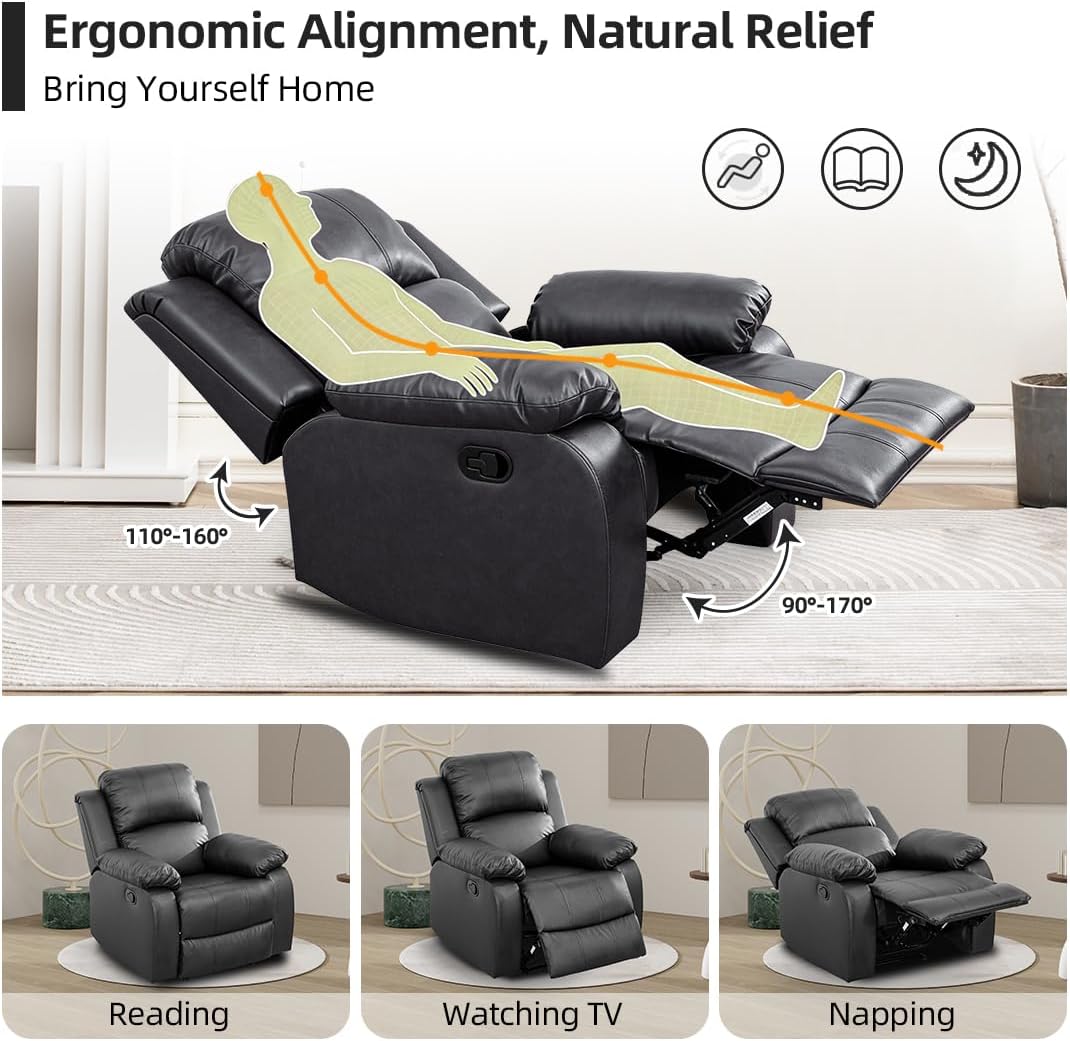 Living Room Furniture Set, 3-Piece Manual Recliner Sofa, Black Bonded Leather Reclining Sofa Set, Manual Recliner Loveseat with Hidden Storage and Cup Holders for Office, Home, Study Room