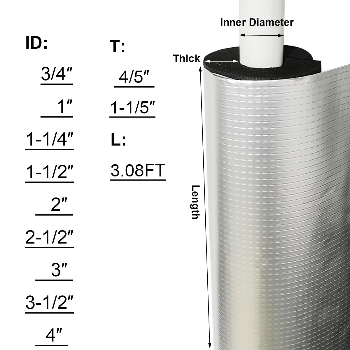 Tubo isolante autoadesivo in schiuma per tubi, diametro interno da 1,9 cm a 10,2 cm, protezione dal gelo e riduzione del rumore (1 confezione, 0,94 m) (ID 1-1/2 "x T 4/5")