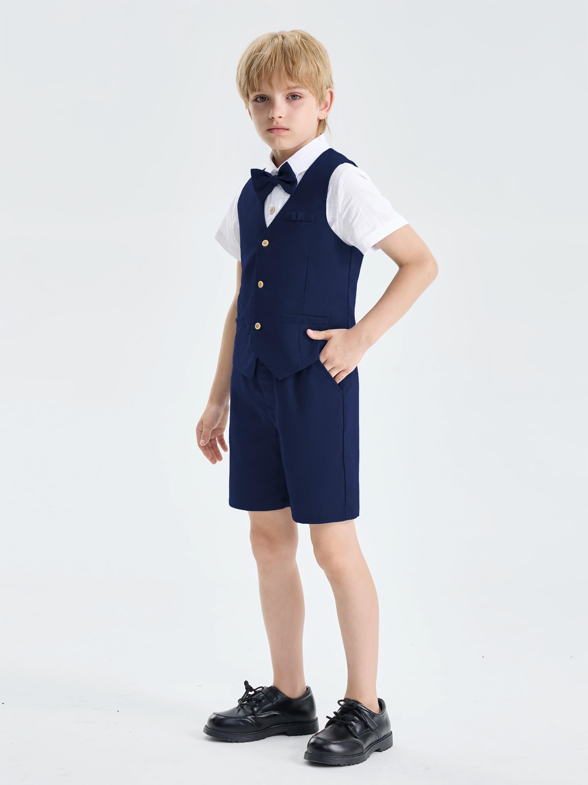 LOLANTA 4PZ Completo Cerimonia Bambino, Ragazzi Paggetto Matrimoni Abito, Bambini Gentiluomo Estate Lino Gilet Pantaloncini Suit Set, Battesimo Partywear, Gilet + Pantaloncini + Camicia + Papillon