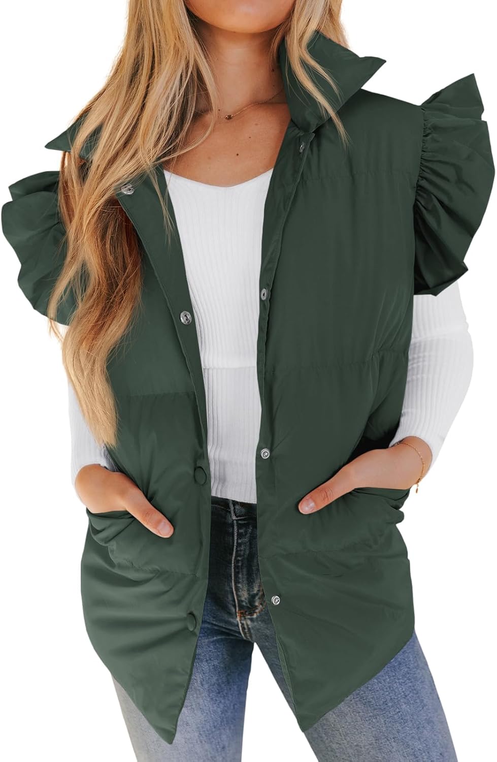 Valphsio Women’s Puffer Vests Ruffle Sleeve Winter Button Down Padded Gilet with Pockets Valphsio Women’s Puffer Vests Ruffle Sleeve Winter Button Down Padded Gilet with Pockets
