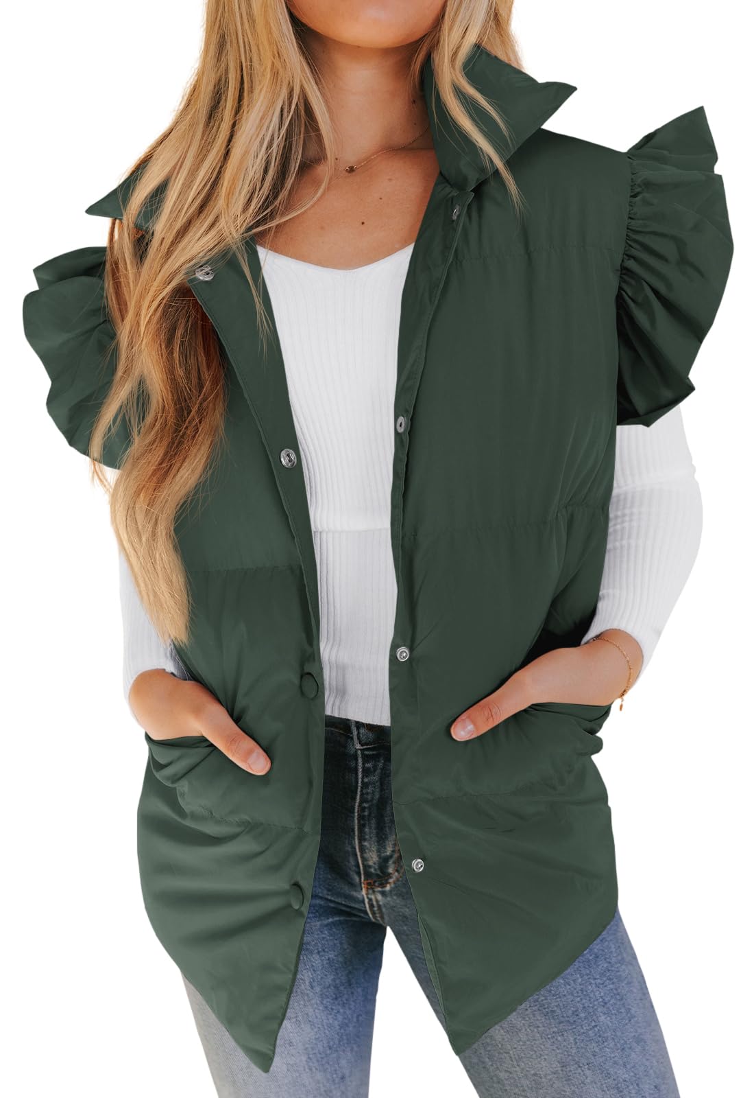 Valphsio Womens Puffer Vest Fall Winter Ruffle Sleeve Gilet Outerwear Coat