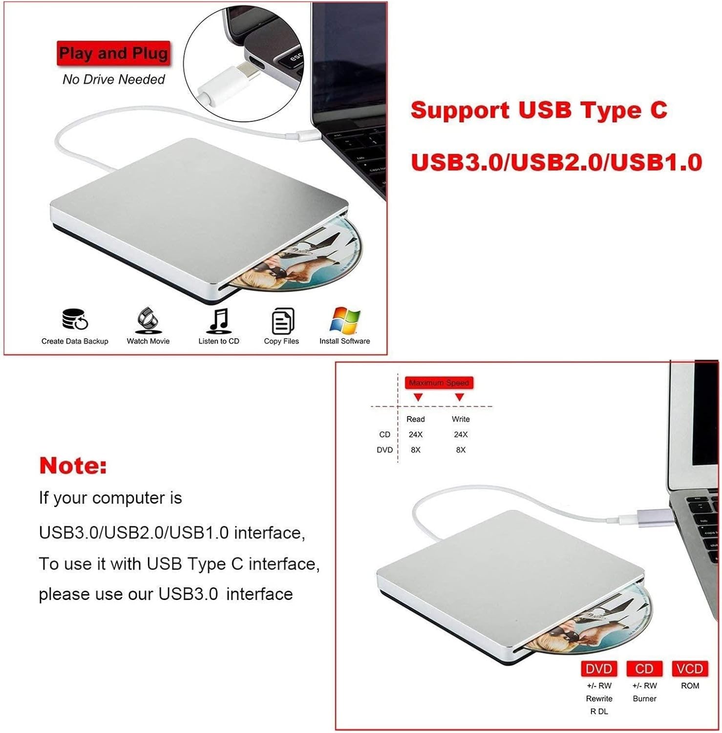DVD Player External DVD Burner Drive USB 3.0/Type-C Optical Drive Slim Slot-in CD/DVD+/-RW Burner Player USB C Mini dv Player (0 : 0 Color : USB3.0)