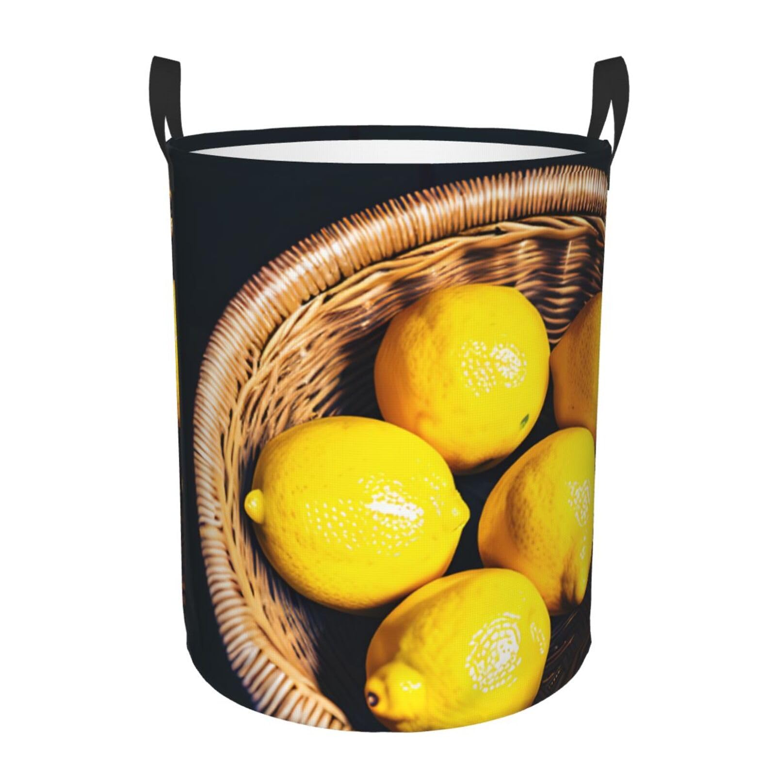 S Collapsible Round Basket Lemons Print Laundry Hamper