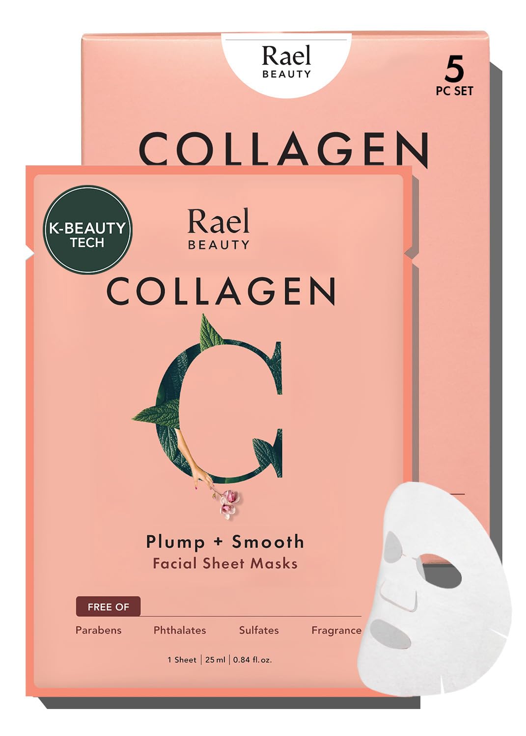 Rael Mascarilla Facial Colágeno – Skincare Coreano, reafirmante y alisante, con colágeno hidrolizado, Mascarilla de Bambú, Sin Fragancia & PEGs, Cruelty-​Free (5 unidades)