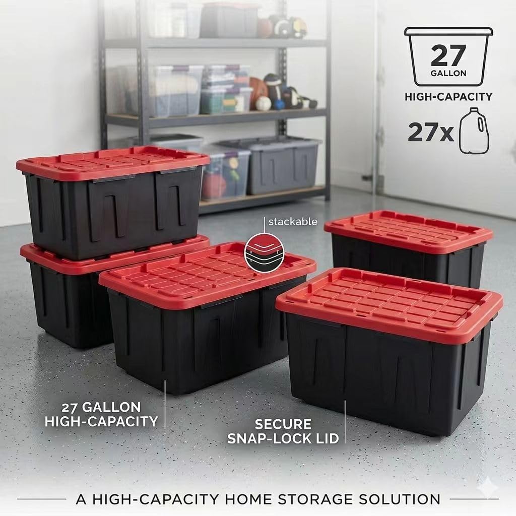 4-Pack Heavy Duty 27 Gallon Plastic Storage Bins with Lids - Stackable Large Storage Totes for Garage, Home Organization & Moving Supplies (Black Bases & Red Lids)