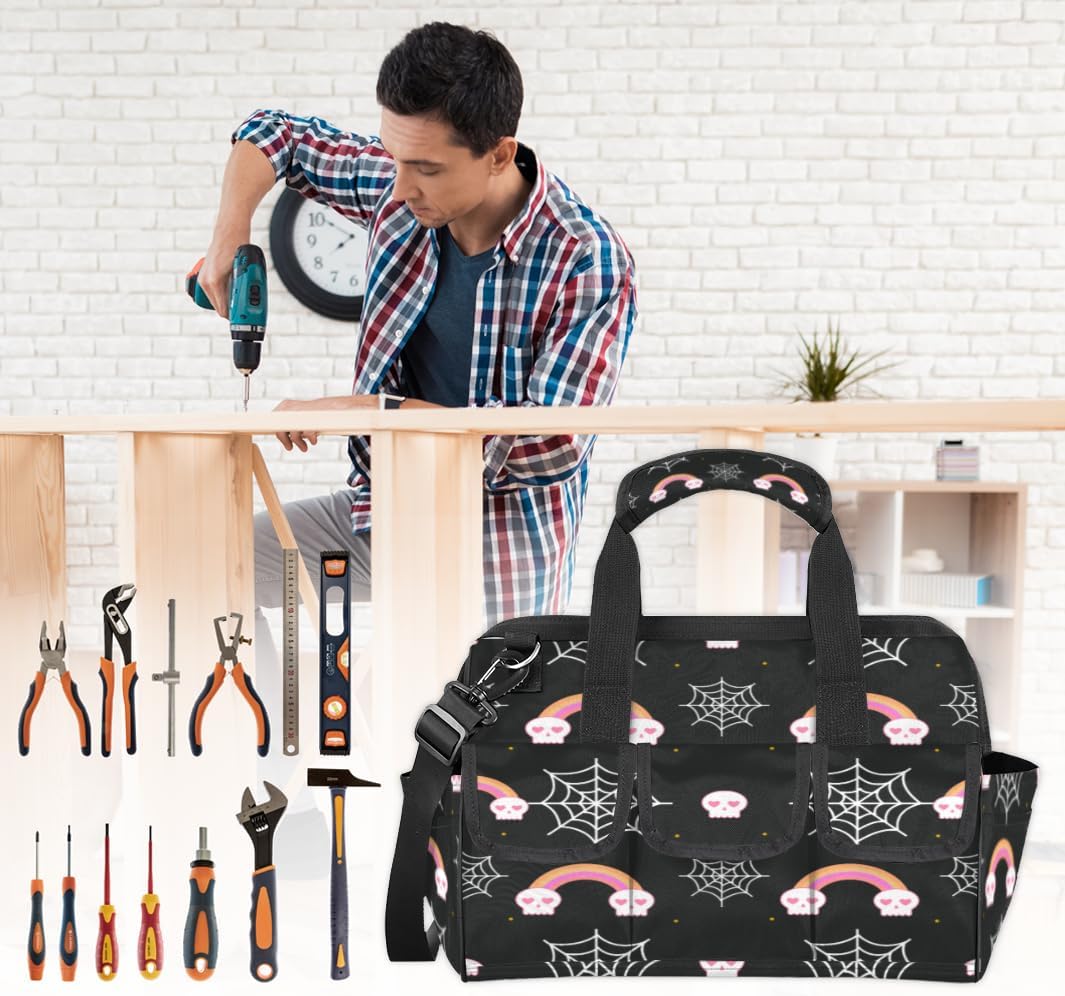 14.8-inch Skull Web Rainbow tool bag - waterproof, multifunctional, 16+pocket design, adjustable shoulder strap, suitable for woodworking, construction, gardening, travel, etc