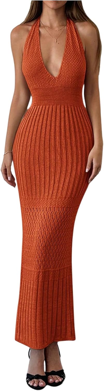 GORGLITTER Women's Crochet Dress Halter Backless Bodycon Deep V Neck Long Knit Maxi Dresses Summer Beach Outfits 2026