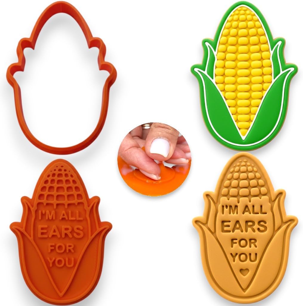 Premium "All Ears For You" Corn Cookie Cutter – 4" x 3" Size – 2-in-1 Cutter & Detailed Stamp with Handle – Dishwasher Safe, Durable & Easy Care