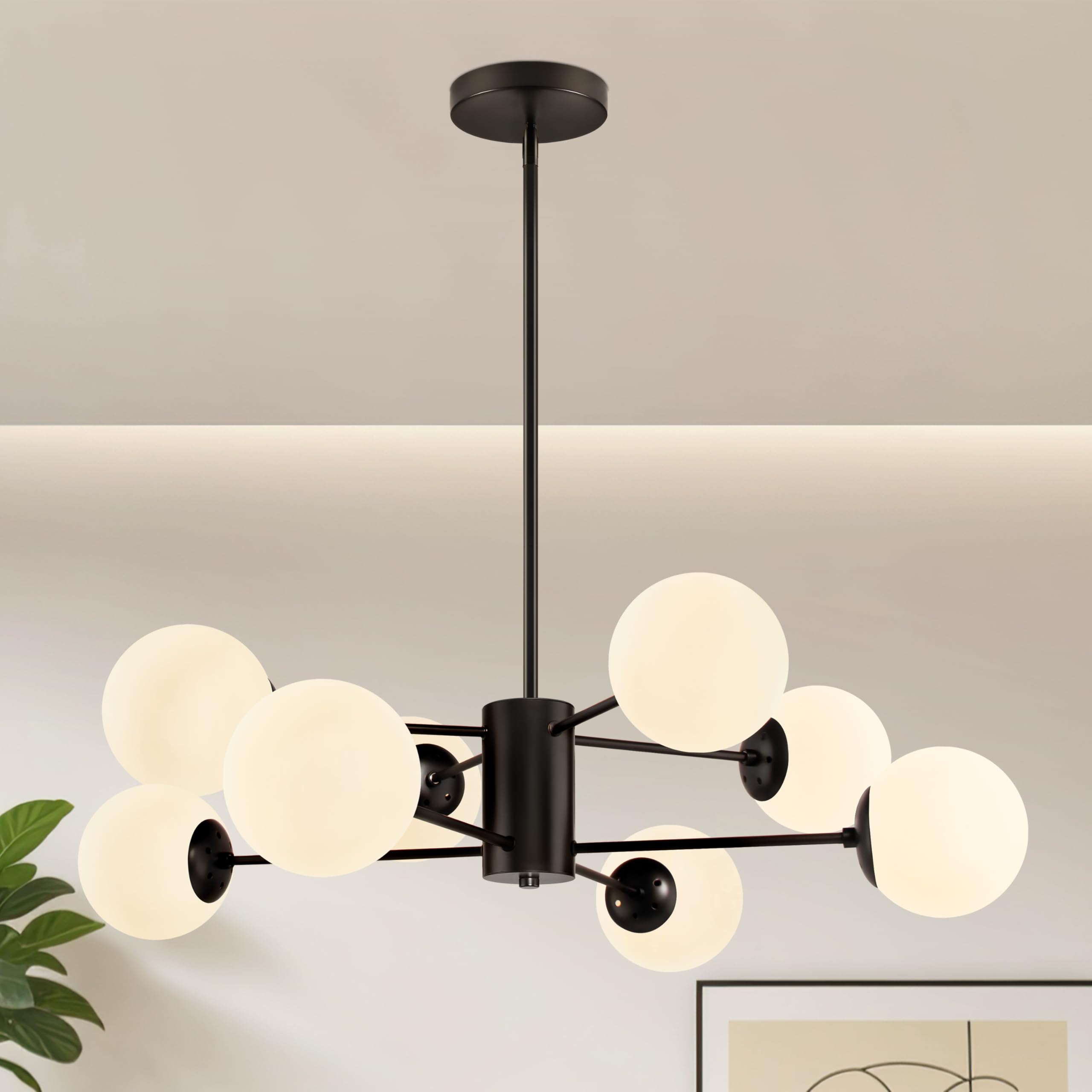 Bagood 8-Light Globe Sputnik Chandelier Black Mid Century Modern Light Fixture Matte Black Finished with White Frosted Globe Glass Lampshade Sputnik