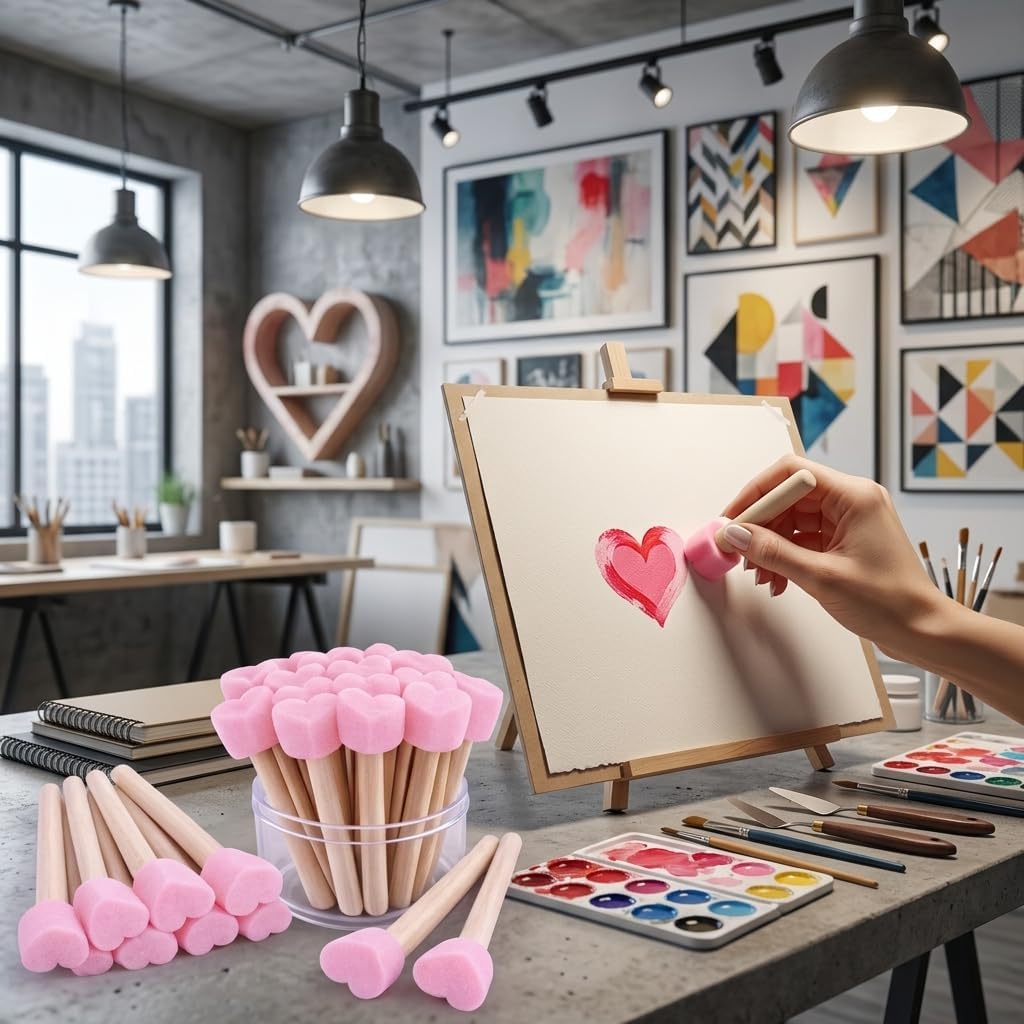 12pcs Sponge Daubers with Handles, Pink Heart Mushroom Head Foam Applicators for Arts and Crafts, Graffiti and Painting Projects, Durable Rubber Tip Design